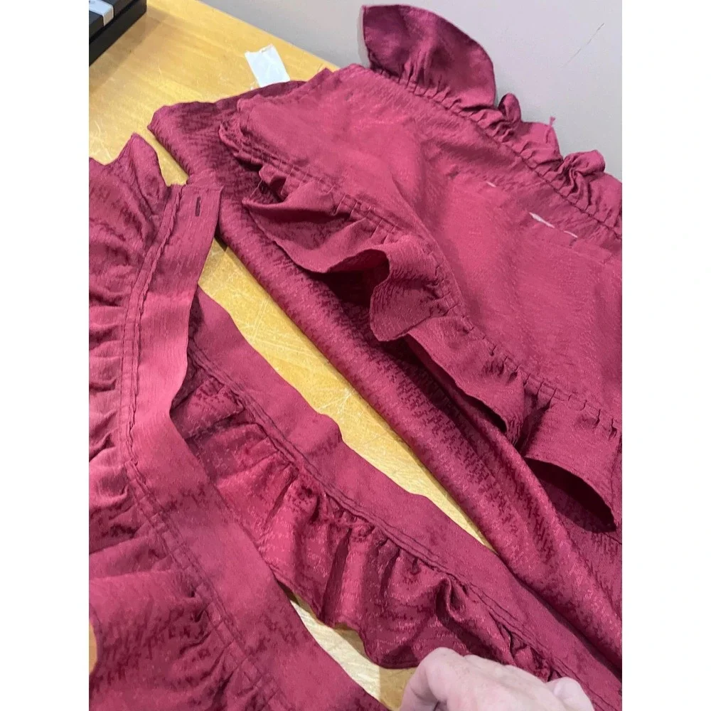 Vtg Burgundy Split Shower Curtain Attached Ruffled Valance‎ 70x72 Traditional